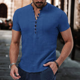 Fashionable men's new 13 button short sleeve cotton linen shirt casual beach style street top