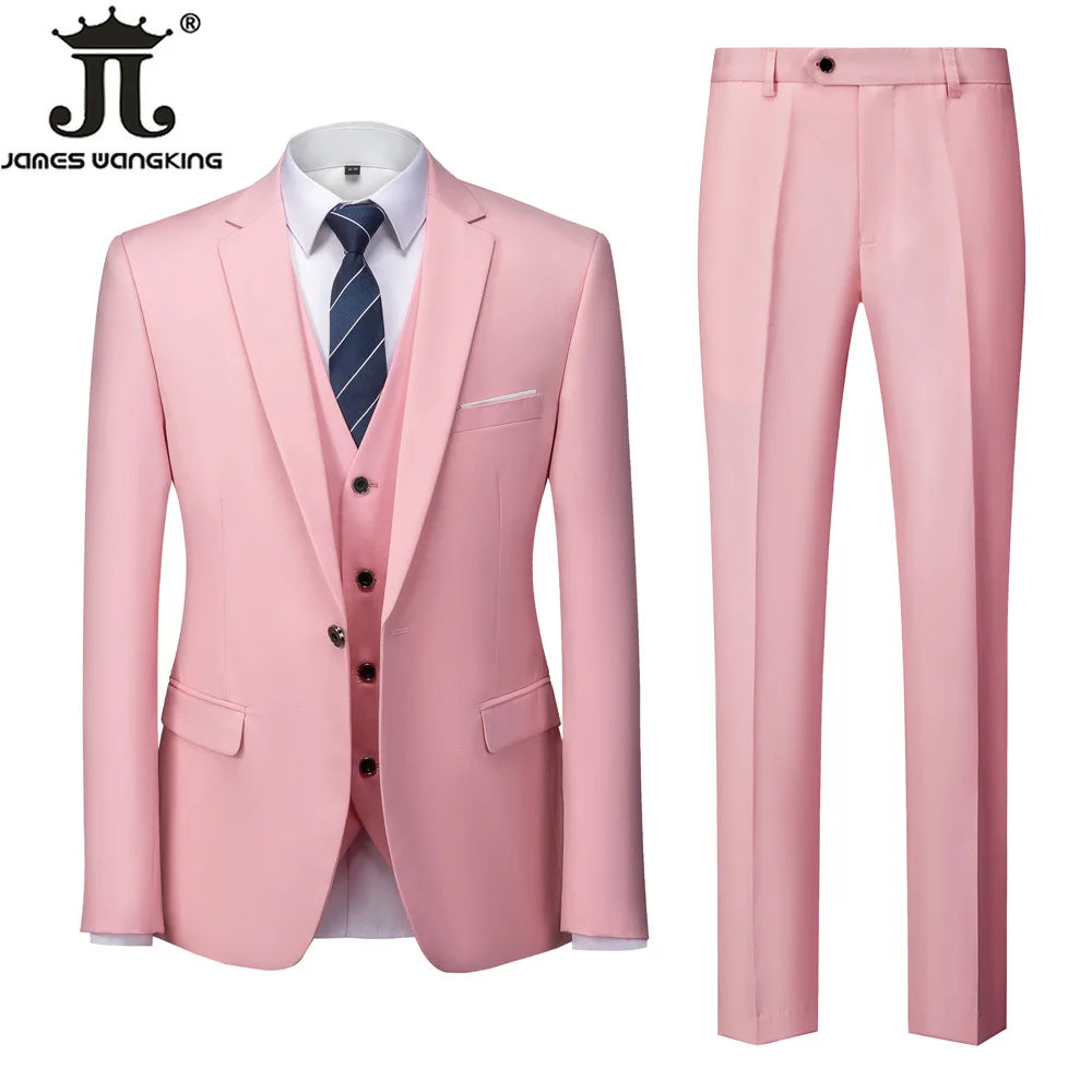 ( Jacket + Vest + Pants ) Boutique Solid Color Men's Official Business Suit Bride's Wedding Dress Party Male Suit