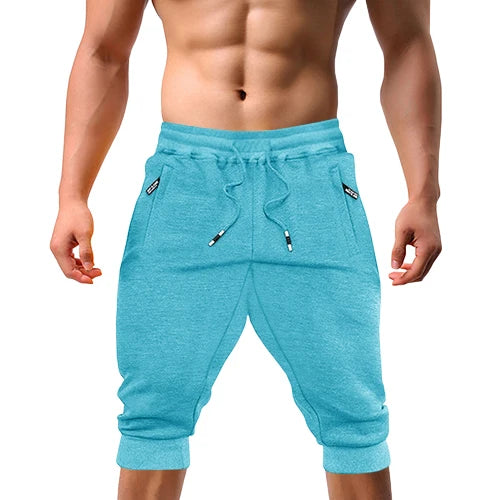 Casual Shorts 3/4 Jogger Capri Pants Men's Breathable Below Knee Outdoor Sports Gym Fitness Shorts with Zipper Pockets