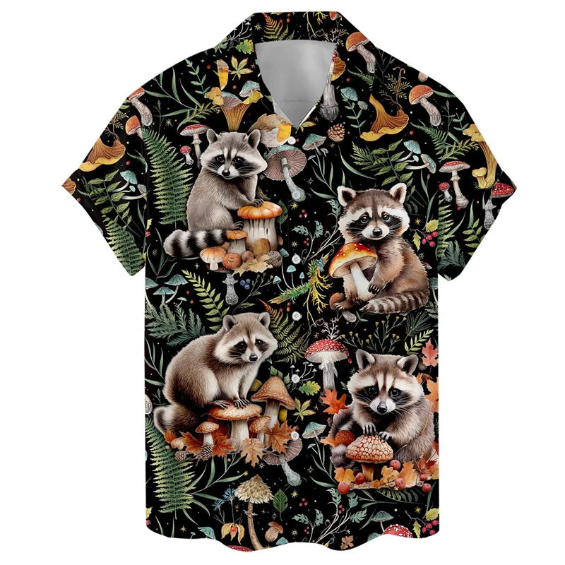 Animal Cat Raccoon Hawaiian Shirts Men 3D Print Dinosaur Pattern Shirt Button Lapel Short Sleeves Fashion Aloha Shirt Clothing