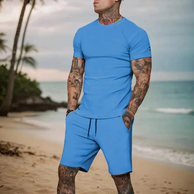 Fashionable and casual summer outdoor sports suit men's breathable T-shirt shorts casual and fashionable two-piece set