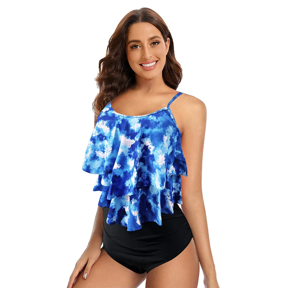 8 Colors Women Ruffled Tankini Set Padded Top With Adjustable Shoulder Straps Elastic Slim Knitted High Waisted Beachwear