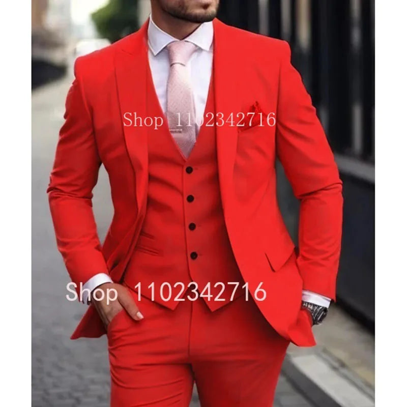 Pink Luxury Men Suits Terno Slim fit 3 Piece Jacket Pant With Vest Groom Wedding Tuxedo Costume Homme Formal Occasion Terno