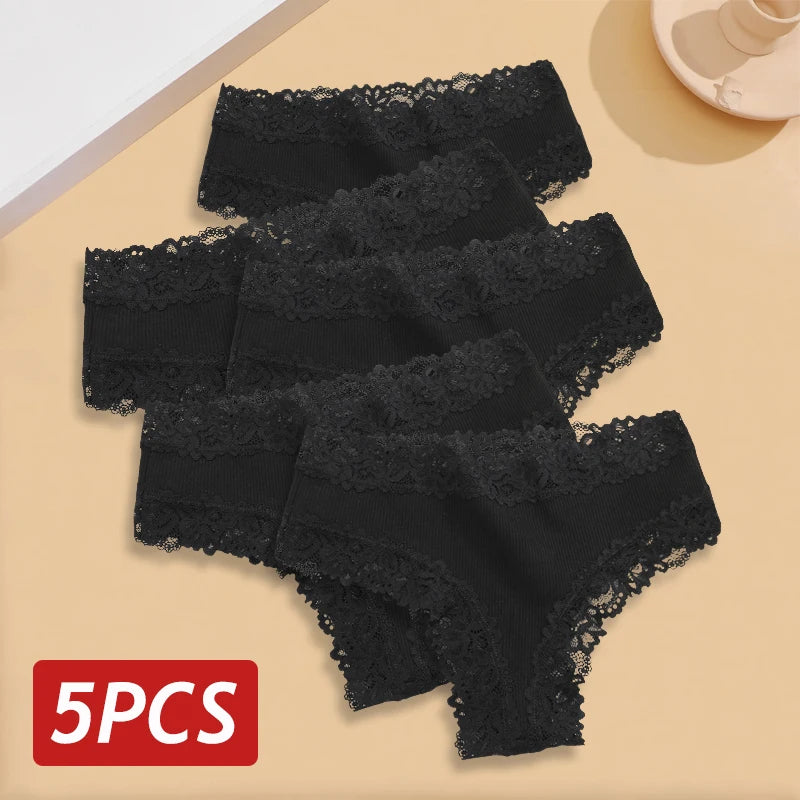 5PCS/Set Women Lace Seamless Cotton Panties Sexy Brazilian Pants Ribbed Breathable Girls Underwear Soft Plus Size Lingerie S-XL