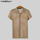 INCERUN Men Shirts Lapel Short Sleeve Mesh Transparent Hollow Out Men Clothing Streetwear Solid Color Fashion Camisas S-5XL