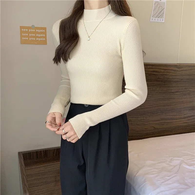 Women Autumn Winter Turtleneck Sweater Vintage Solid Basic Knitted Tops Casual Slim Pullover Korean Fashion Simple Chic Jumpers