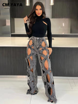 CM.YAYA Women Vintage Cutout Hollow Out Criss Cross Straight Denim Pants Fashion INS High Waist Wide Leg Jeans Trousers