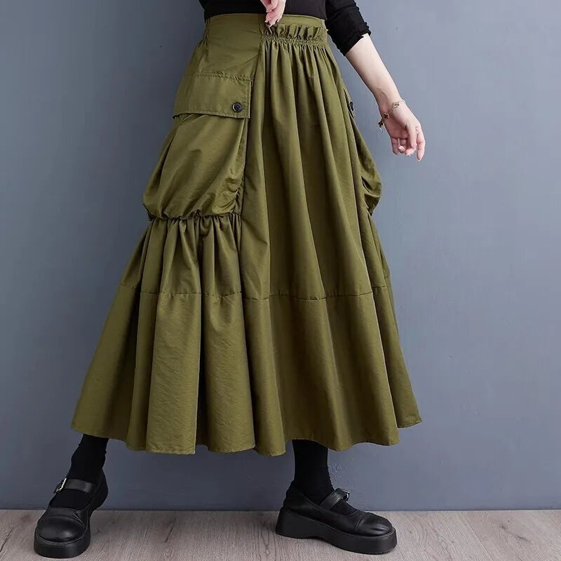 Spring Autumn New Large Hem Long Skirt Women Casual Fashion Loose Trendy Large Size Black Skirt