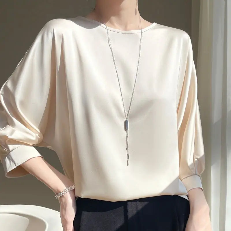 New In Summer Satin Silk Half-Sleeve Tee Tops Basic Solid Casual O-neck Thin Shirts Ladies Loose Blouses