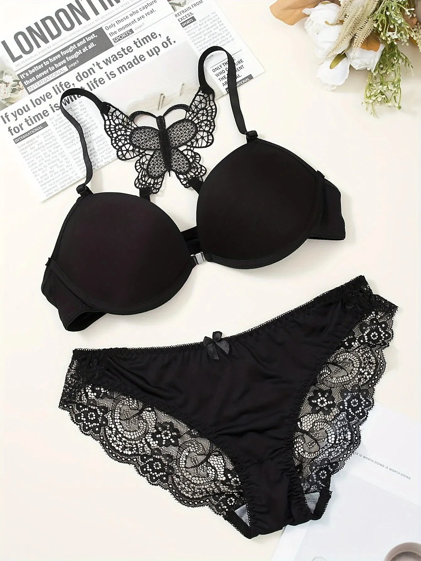 1 Piece Lace Stitching Bra   Panties Front Buckle Push Up Bra  Scallop Trim Panties Lingerie Set  Women's Lingerie Underwear