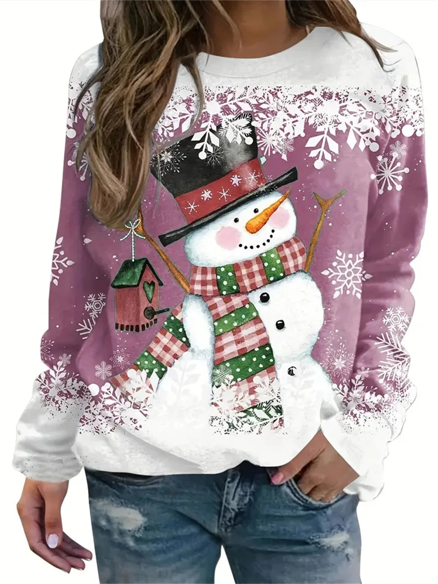 Christmas snowman print autumn and winter women's long-sleeved round neck casual pullover large size sweatshirt