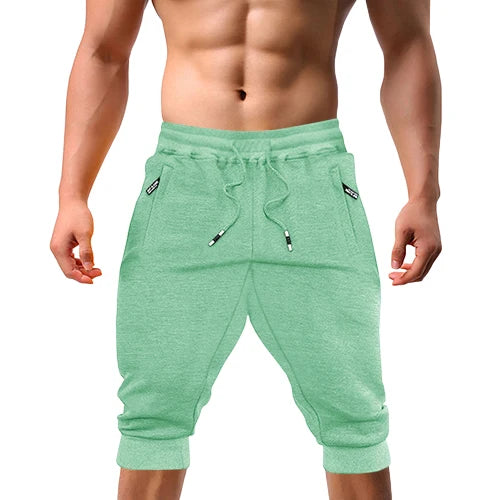 Casual Shorts 3/4 Jogger Capri Pants Men's Breathable Below Knee Outdoor Sports Gym Fitness Shorts with Zipper Pockets