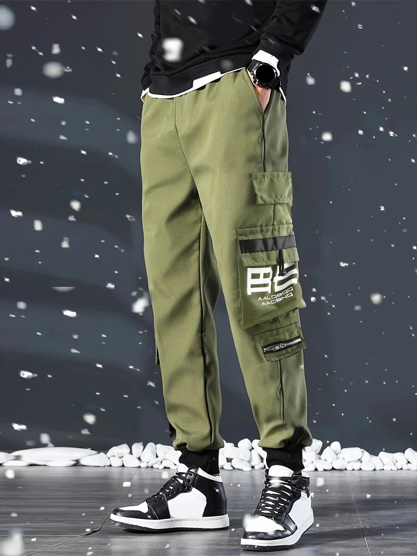 Men's Cargo Pants Casual Hip Hop Hit Color Multiple Pockets Trousers Streetwear Ribbons Techwear Sweatpants