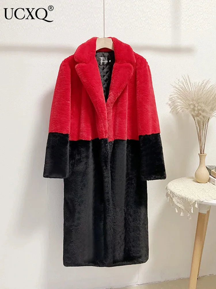 UCXQ Winter Black Red Contrast Faux Fur Coat Women Long Sleeve Thick Warmth Outwears Overcoat 2024 Autumn New Clothes 23A5478