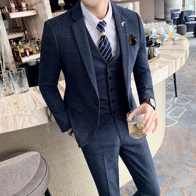 High Quality British Korean Modified Plaid Men (suit + Vest + Trousers) Stylish and Handsome Business Casual Three-piece Suit