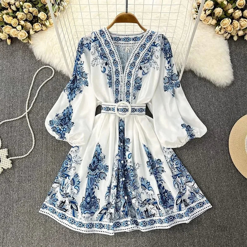 Spring Women Dresses Print Lantern Sleeve V Neck Dress Patchwork Ruffles Belt Loose Pullover Boho Vestidos Slight Strech