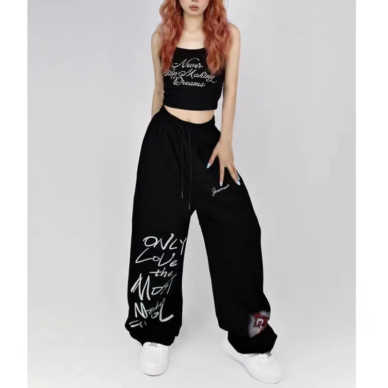 Black White Drawstring Design Sweatpants Women High Street Hip-hop Wide Leg Pants Women New Summer All-match Long Trousers