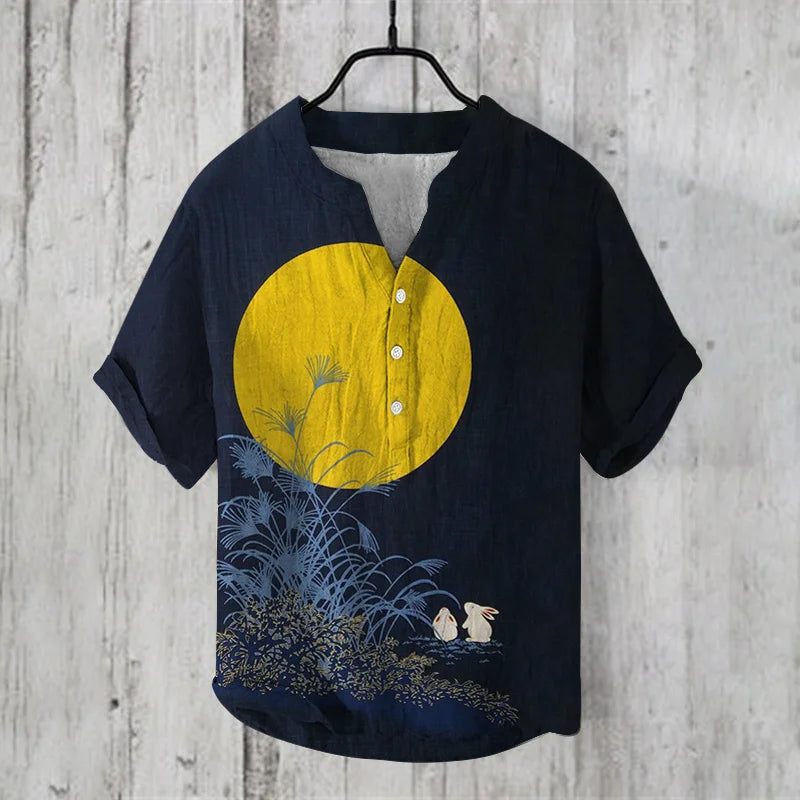 Fashion retro distressed linen breathable men's shirt men's clothing art illustration print fashion v-neck henley men's shirt