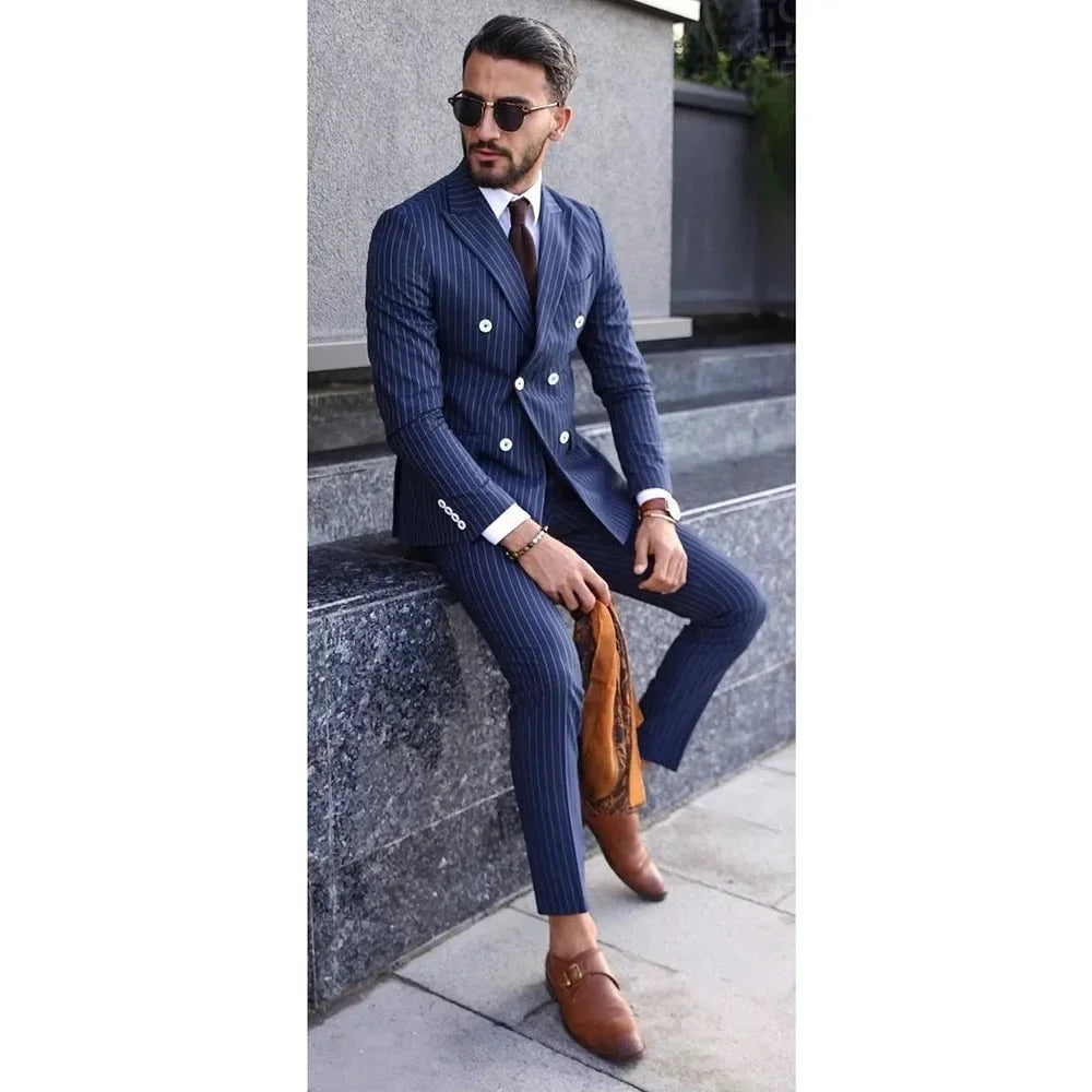 Striped Men Suits Fashion Slim Fit 2 Pieces Blazer Pants Double Breasted Classic Fit Outfits For Wedding Groom