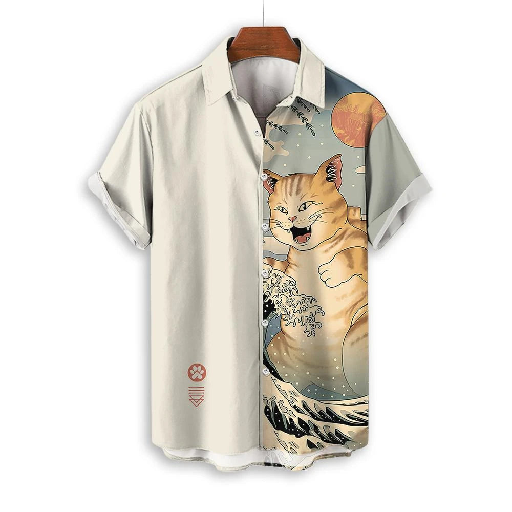 Fashion Men's Clothing Cool Samurai Cat Tops Summer New Men's Clothing Casual Short-Sleeved Anime Loose Blouse Hawaiian Shirts