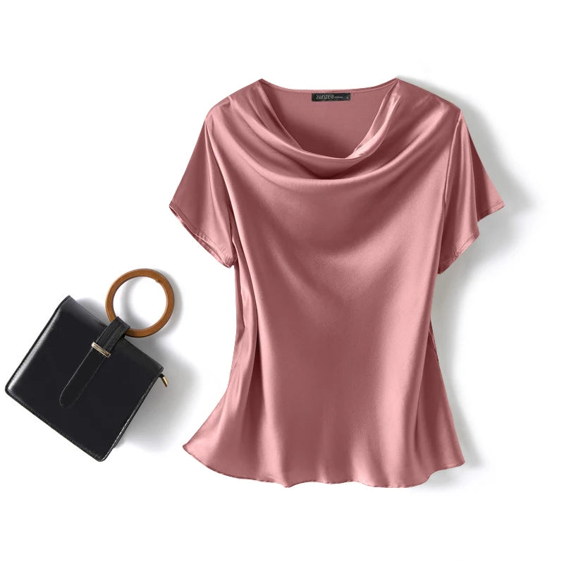 ZANZEA Summer Fashion Satin Blouse Women Short Sleeve Solid Shirt Female Casual OL Work Tunic Tops Elegant Loose Blsuas Oversize