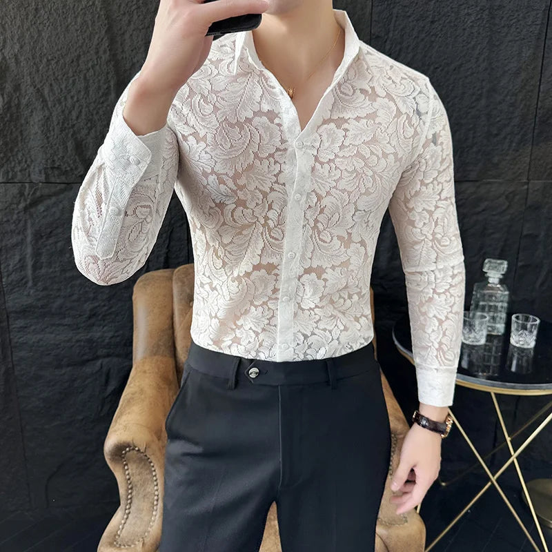 Sexy Transparent Lace Shirts For Men Korean Luxury Clothing Slim Fit Casual Long Sleeve Men's Social Shirt Dress Elegant Tuxedo