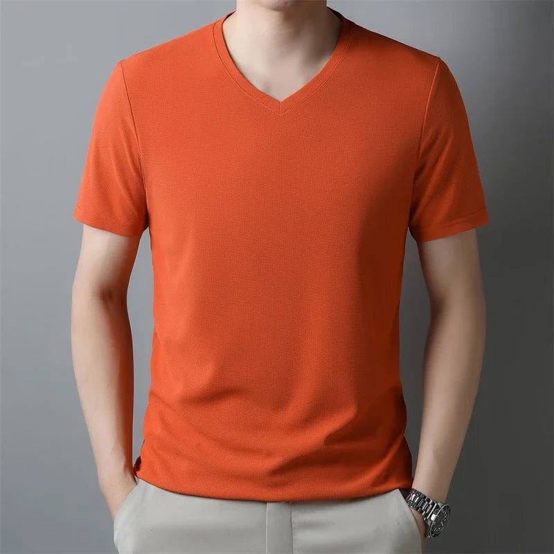 Men's Waffle V Neck Short Sleeve T-Shirt Summer Comfortable Breathable Fashion Top in Solid Colors