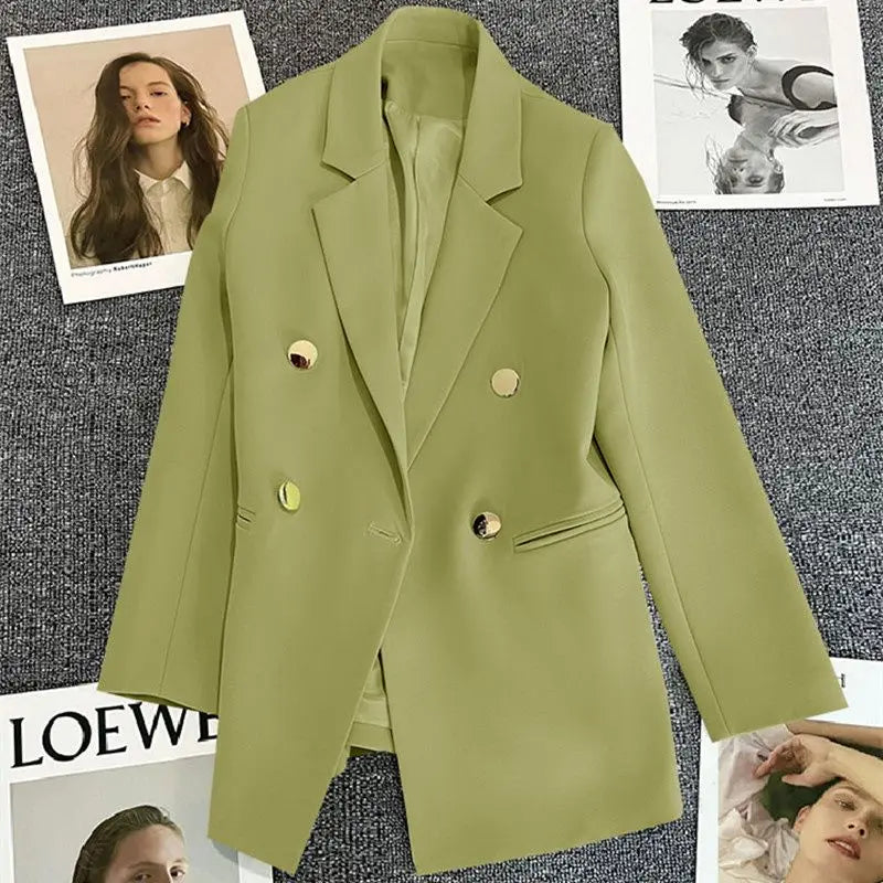 Solid Casual Coat Metal Buckle Small Suit Jacket Women Clothing Summer Double Breasted Office Lady Elegant Blazers Thin Autumn