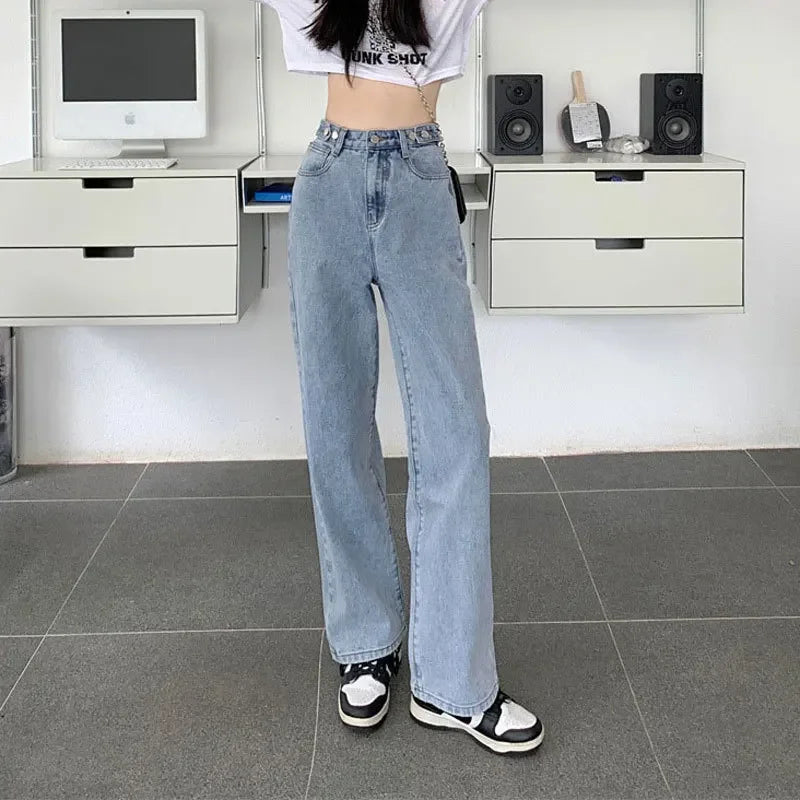 Loose Women Jeans High Waist Design Adjustable Straight Crotch Retro Style Trousers Cotton Fabric Comfortable Casual Style