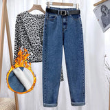 High-waisted Fleece-lined Thickened Denim Jeans For Women Autumn/winter Outer Wear Straight-leg Dad Jeans