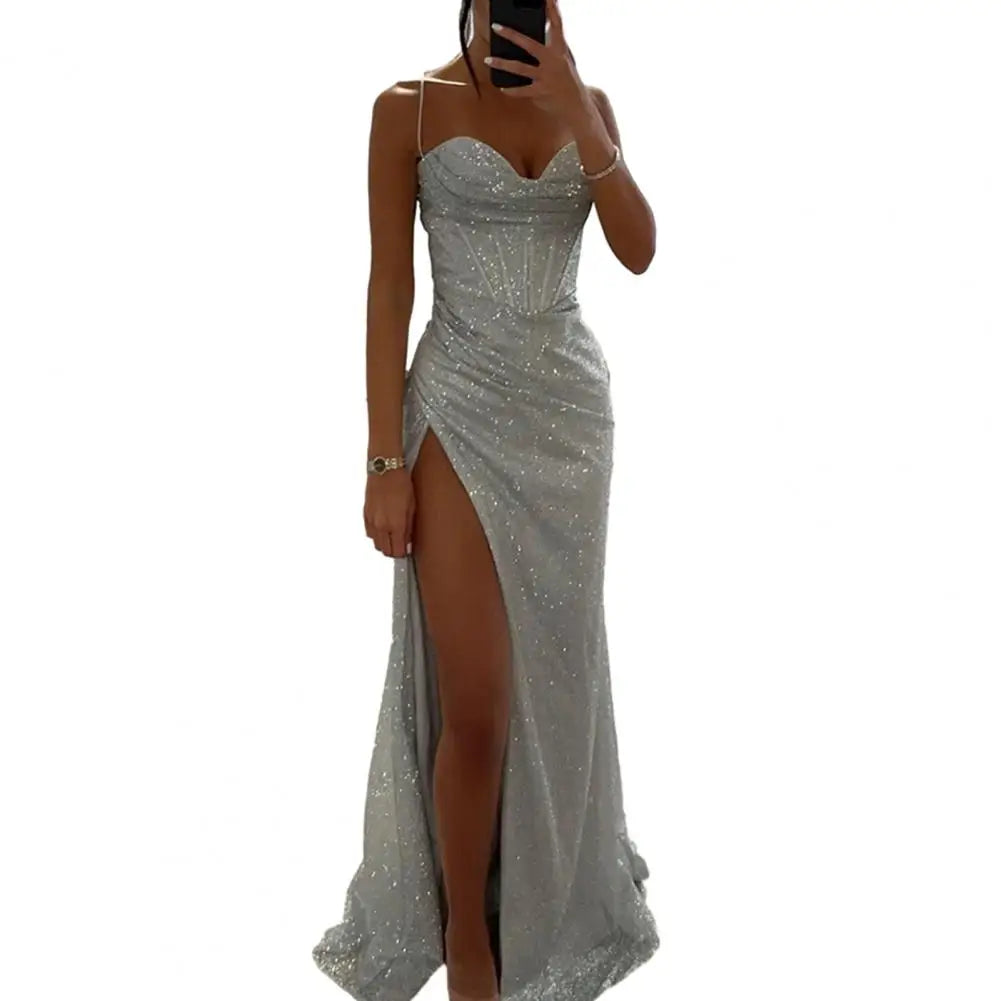 Woman Spring Summer Bodycon Dress Sexy Shiny Sequins Spaghetti Strap Split High Waist Dress Lady Prom Dress Evening Dresses