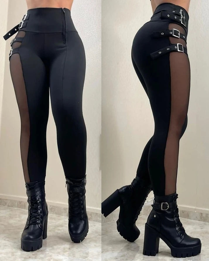 pant women fashion new Mesh Patch Buckled High Waist casual Pants sexy Skinny Daily women's bottom new fashion