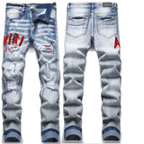 High Street Stretch Embroidery Men’s Jeans Ripped Streetwear Jeans Punk Style Pants for Man Slim Fashion Small Feet Men's Jeans