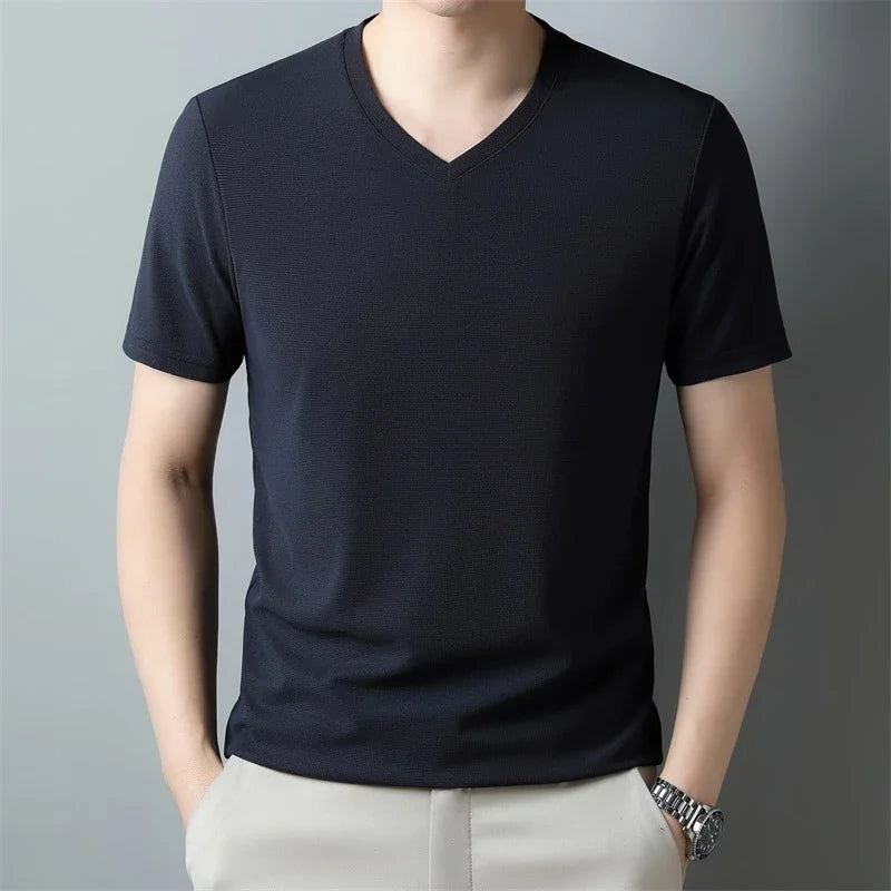 Men's Waffle V Neck Short Sleeve T-Shirt Summer Comfortable Breathable Fashion Top in Solid Colors