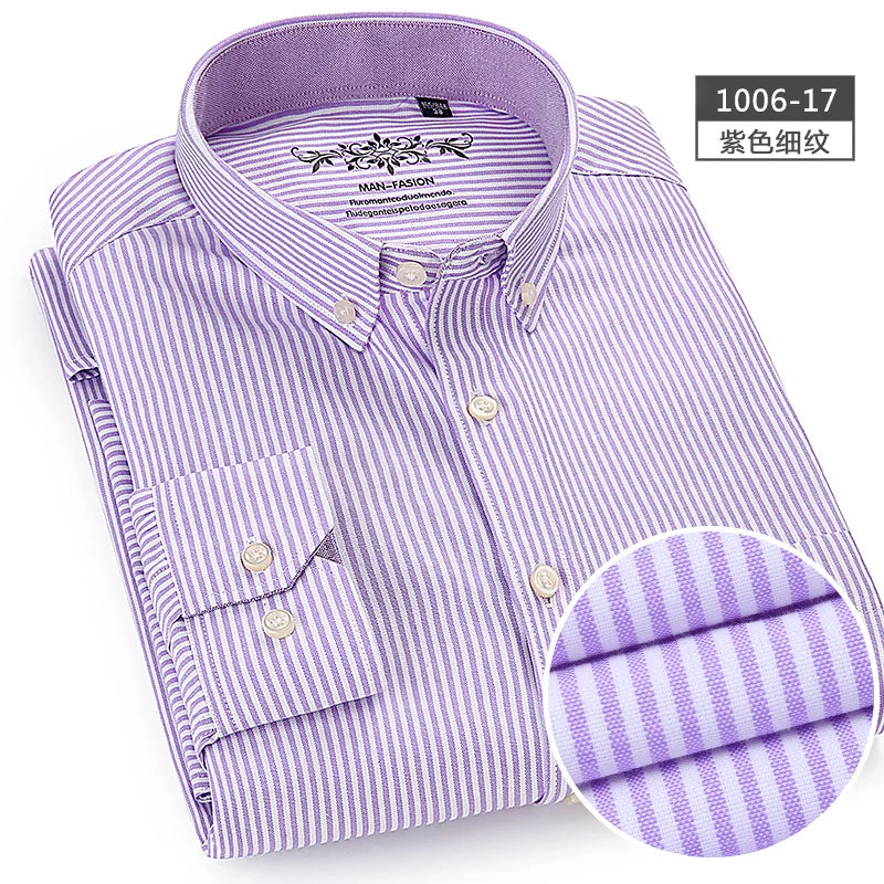 New Oxford woven men's shirt long sleeve striped fashion print casual business social breathable no-iron buckle collar