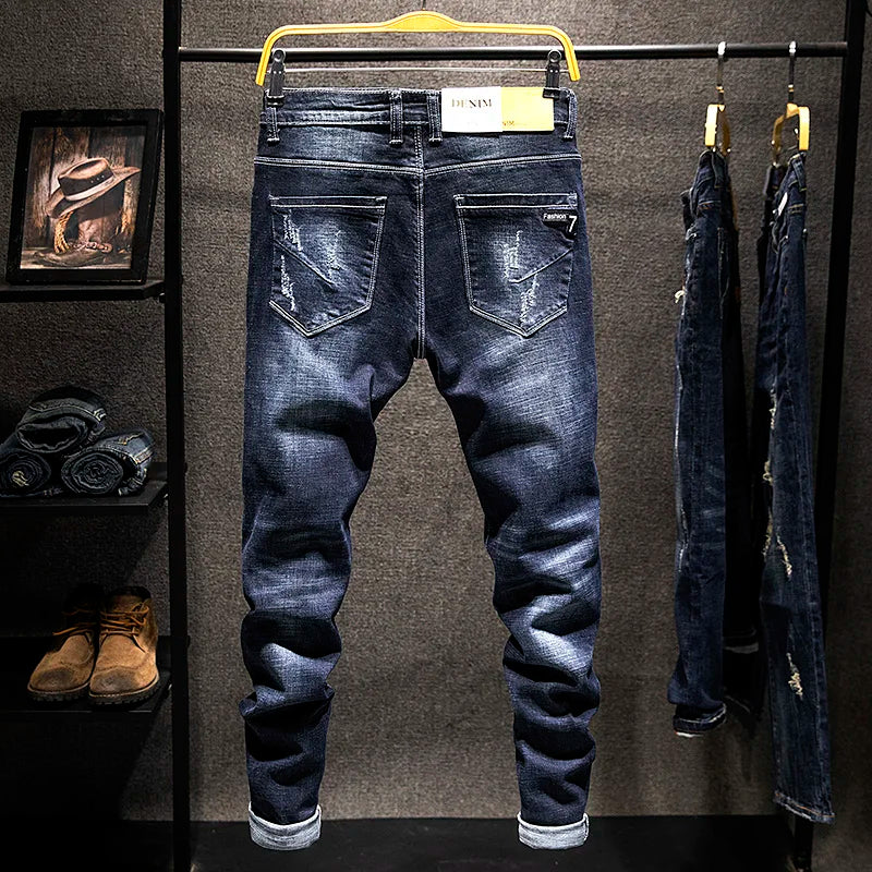 New Ripped Jeans Men Slim-fit Denim Pants Cotton Korean Style Fashion Elasticity Versatile Blue Black Men's Clothing