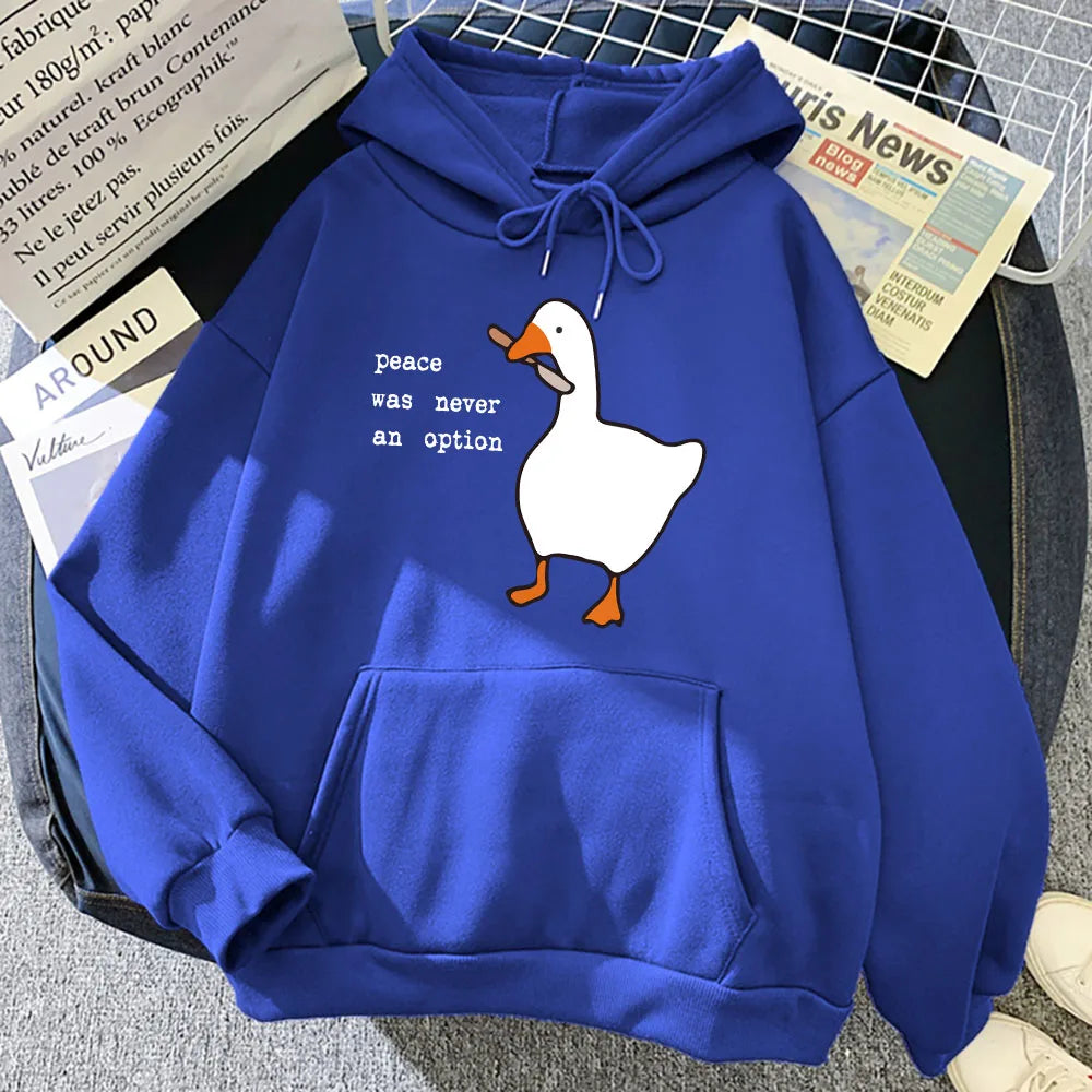 Peace Was Never An Option Goose Printing Mens Hoodies Cute Casual Pullover Creativity Pocket Warm Pullovers Fashion Male Hoody