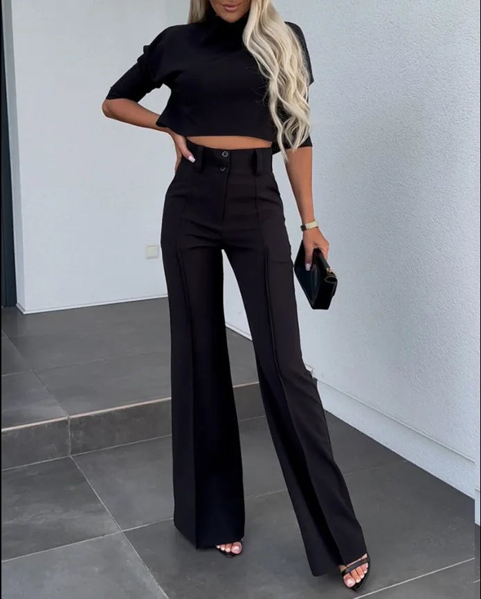 2024 Spring and Autumn New Fashion Small High Neck Slim Fit Women's Set Solid Pocket Micro Horn Pants Set for office lady