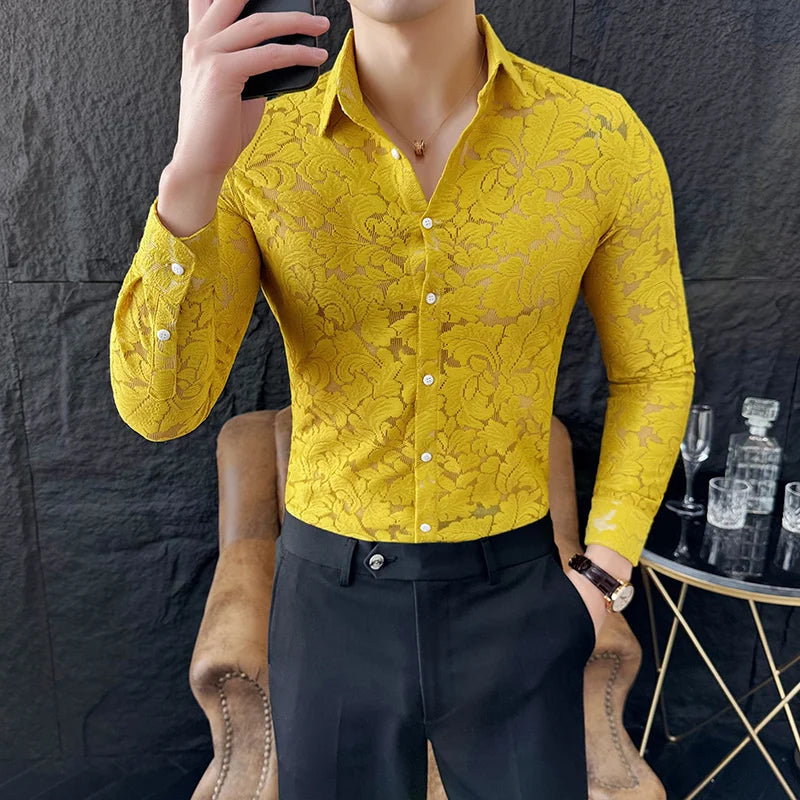 Sexy Transparent Lace Shirts For Men Korean Luxury Clothing Slim Fit Casual Long Sleeve Men's Social Shirt Dress Elegant Tuxedo