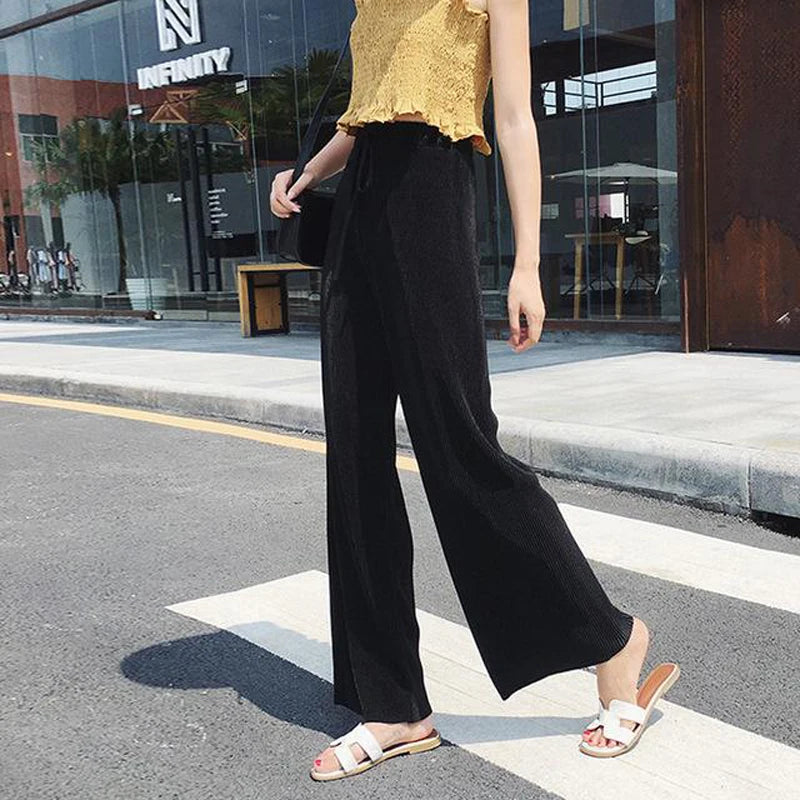 Women Fashion Summer Wide Leg Pants Pleated Ice Silk Trousers Elastic Waist Loose Casual Pants