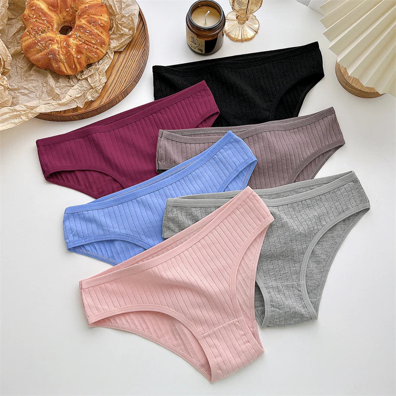 FINETOO 5PCS/SET Cotton Ribbed Striped Underwear for Women Plus Size 10 Soild Colours Stretch Briefs Ladies Soft Lingerie S-7XL