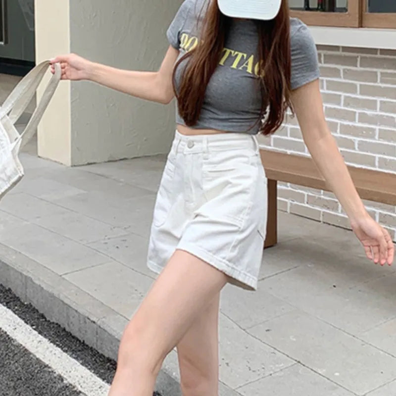 White Pink Denim Shorts Jeans for Women's Summer New High Waisted Design Pocket A-Line Slimming Loose Wide Leg Hot Short Pants