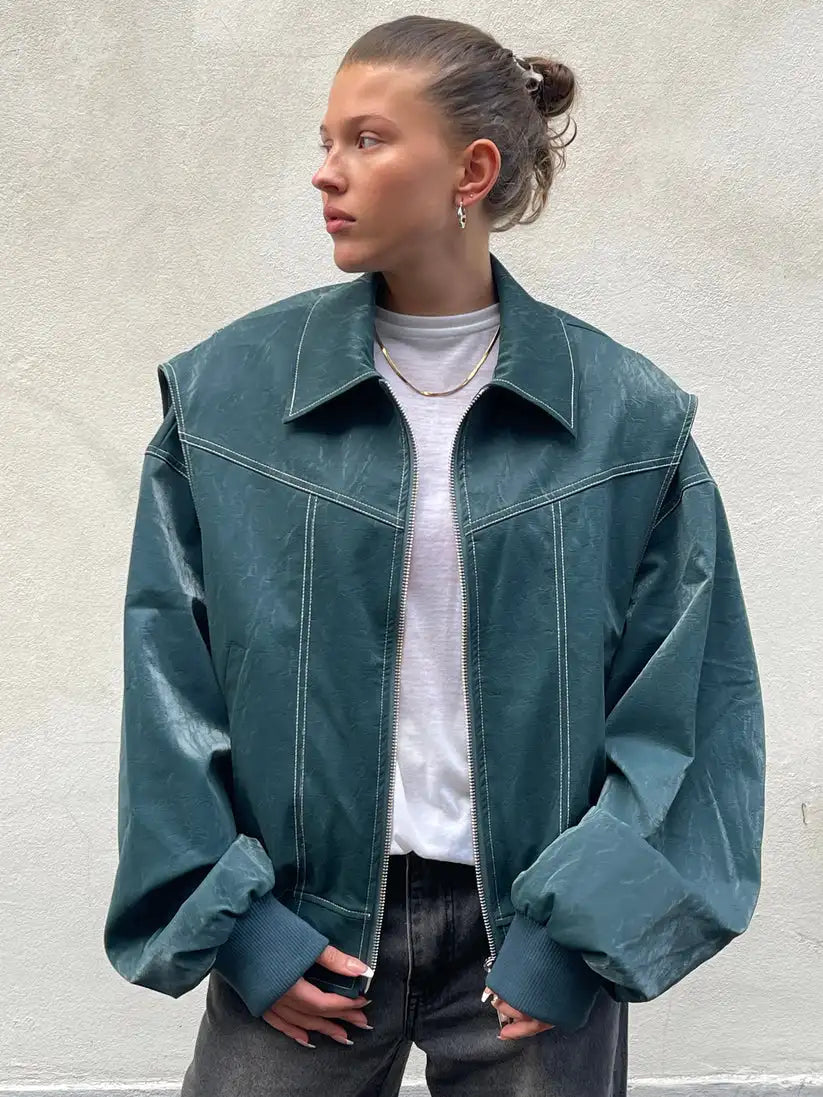 Vintage Contrast Stitch Lapel Long Sleeve Jackets Women Loose Solid Zipper Pu Leather Jacket Female Autumn High Streetwear