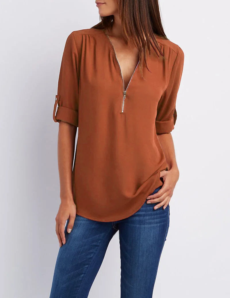 Hot Sale Women Cool Loose Shirt Deep V Neck Chiffon Fashion Blouse Casual Ladies Tops Sexy Zipper Pullover Plus Size