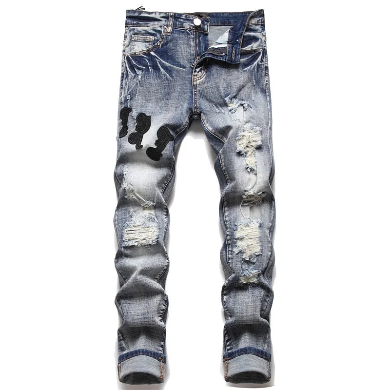 High Street Stretch Embroidery Men’s Jeans Ripped Streetwear Jeans Punk Style Pants for Man Slim Fashion Small Feet Men's Jeans