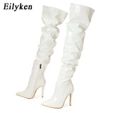 Eilyken Red Women Over The Knee Boots High Heels Patent Leather Solid Pointed Toe Stiletto Side Zipper Sapatos Femininos