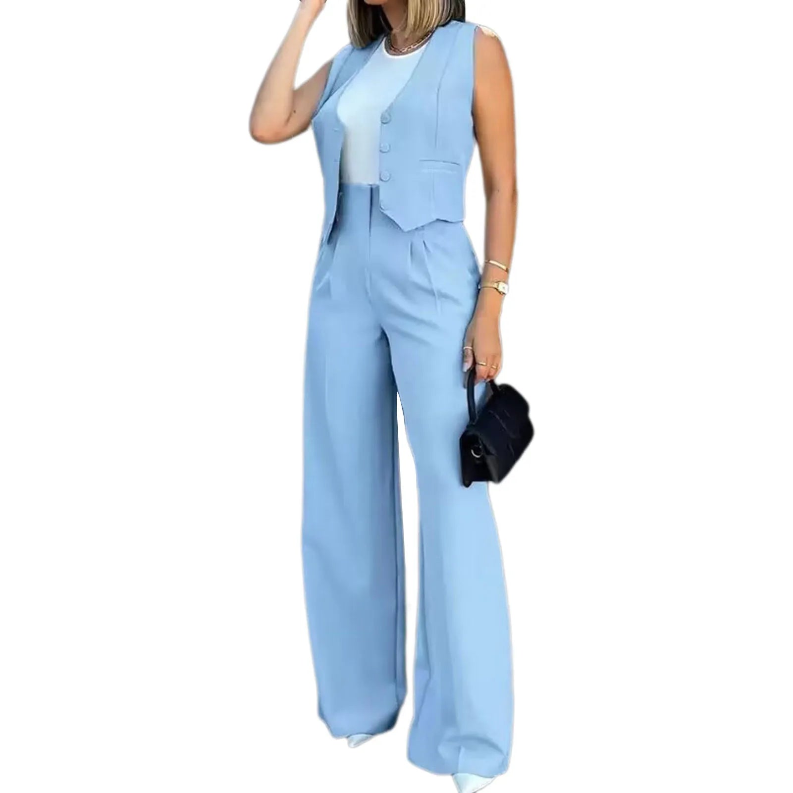 Women Suit Women Vest Elegant Lady Baggy Pants Set with Sleeveless Vest Women's High Waist Wide Leg Pants in for Fashionable