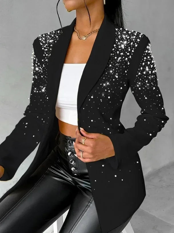 2024Women's Blazer Autumn Fashion Beaded Elegant Temperament Shawl Collar Plain Long Sleeve Work Blazer Coat Office Lady Blazers