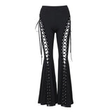 Y2K Gothic Black Lace Mesh Flared Pants Sexy Harajuku Aesthetic See Through Long Trousers Vintage Women Summer Pants Streetwear