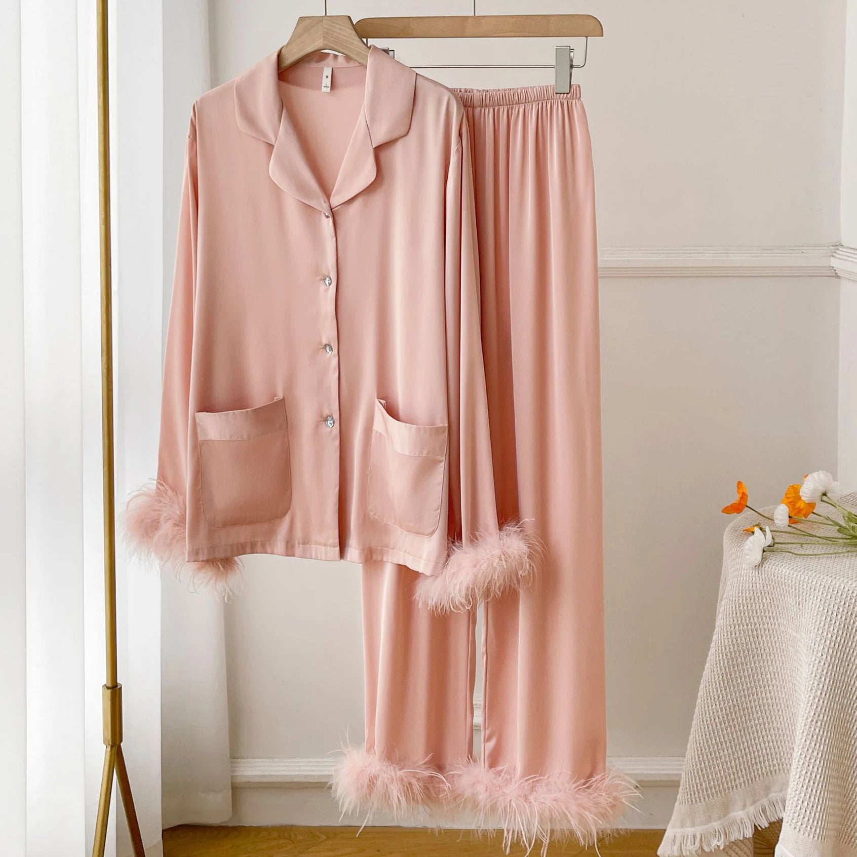 Spring Autumn Female Pajamas Trouser Set Luxury Feather Pink Bride Wedding Sleepwear Gift Sexy Loose Satin Home Wear Loungewear